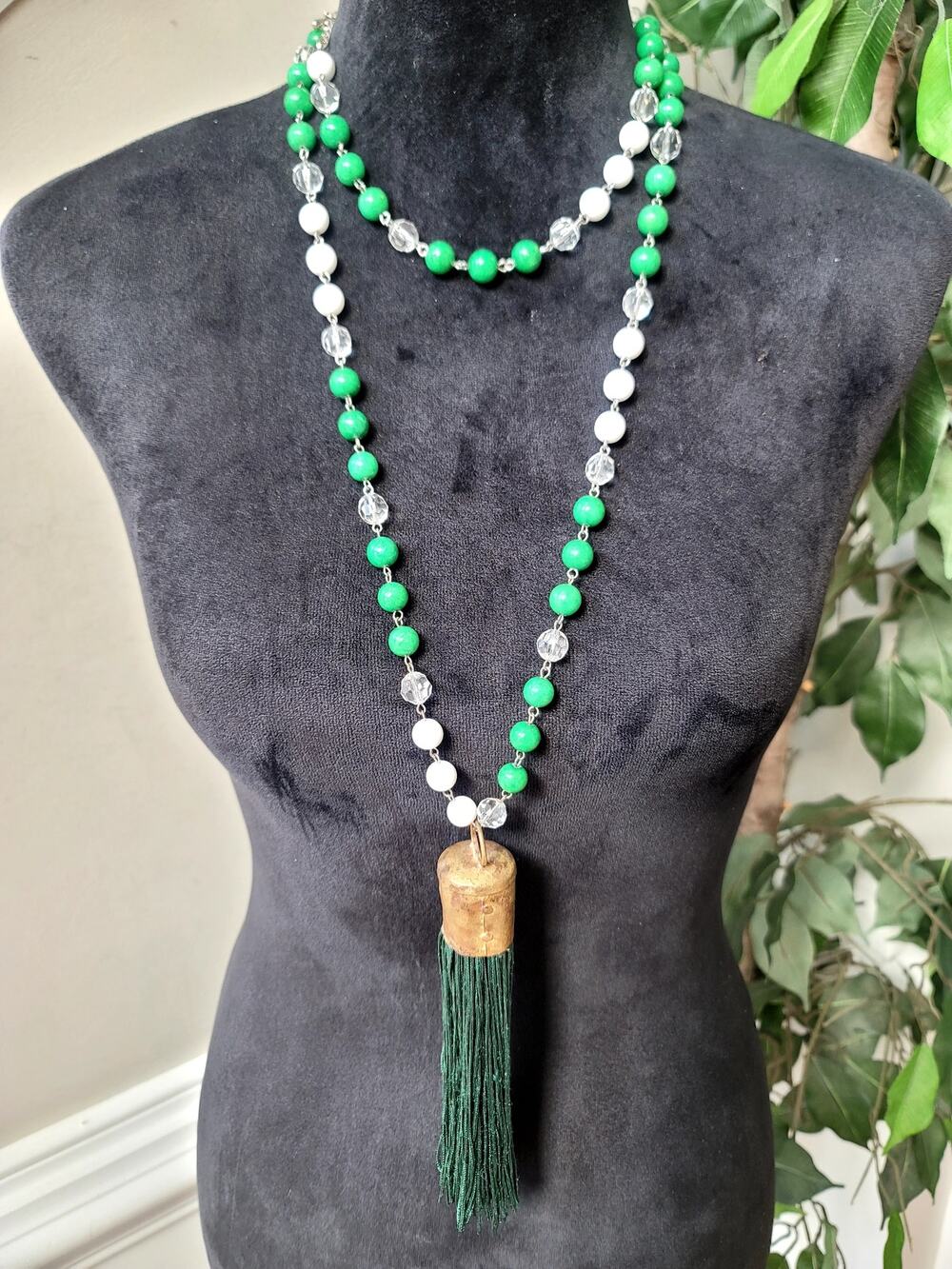 Green & White Beaded Long Necklace with Dark Green Tassel Pendant Boho Jewelry